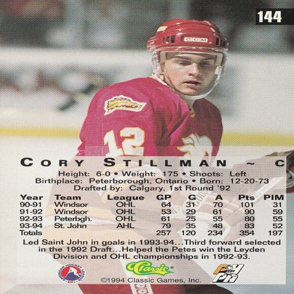 Cory Stillman (SJ Flames) 1994 Classic Games Series Hockey Card - Number 144 - Picture 2 of 2